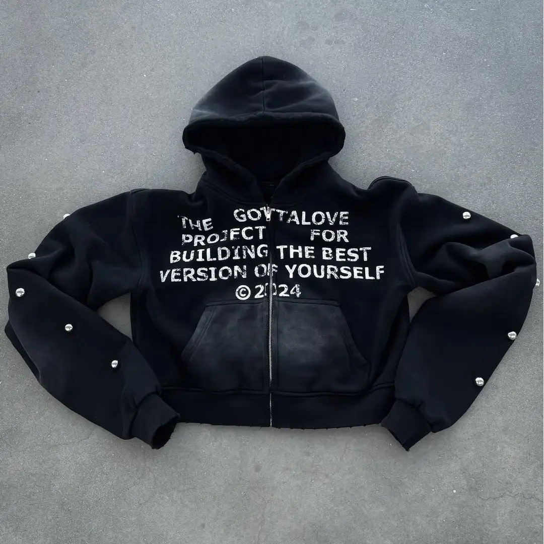Designerhøj kvalitet: Tilpasset designer hoodie med tungt vægt, 100 % bomuld, boxy fit med zip, grafisk print og syrefarvet effekt