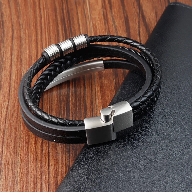 Silver rope chain black leather wristband bangle bracelet magnet clasp 210mm 