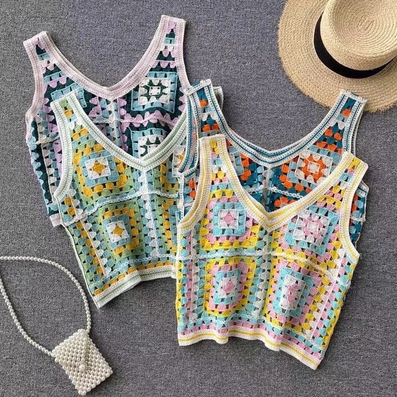 Girls Floral Knitted Short Vest 2022 Spring - Cute V Neck