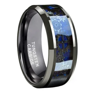 Coolstyle Jewelry 8mm Black Tungsten Ring Men Women Couple Wedding Band Steampunk Gear Wheel Carbon Fiber Inlay Comfort Fit