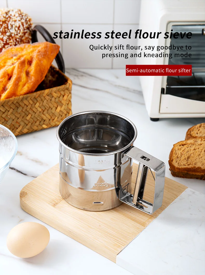 Stainless Steel Shaker Sieve Cup Mesh Crank Flour Sifter with Measuring Scale for Flour Icing Sugar
