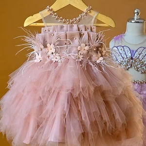 Girl Mesh Beaded Bow Tutu Party Wedding Cake Dress Girl Bridal Piano Birthday Princess Tutus Girls Dress