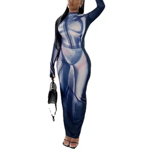 Women's Sexy Elegant Pencil Silhouette Long Sleeve Maxi Dress with Digital Printed Floral Mesh Fabric for Party Wear
