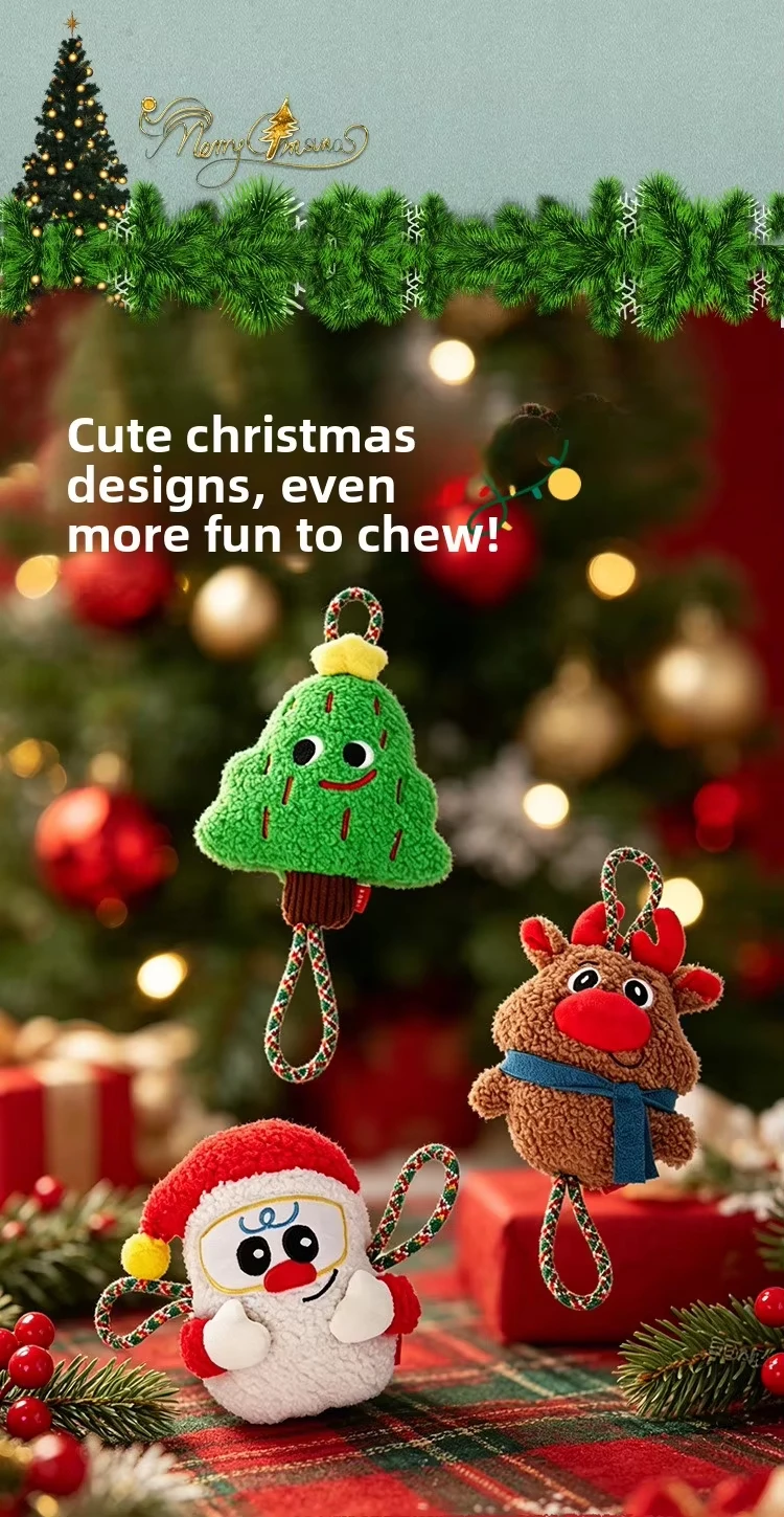 product christmas plush dog toy self entertaining chew resistant knots squeaker interactive tug of war toy for burning energy santa-4