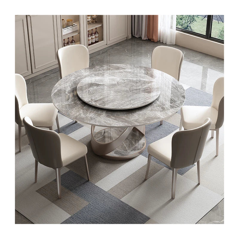 Modern Luxury Simple Round Dining Table with Light Rock Plate Turntable Household Size Chair Combination 1 Year Warranty