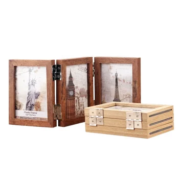 Rustic double-sided rotatable hinged folding triple picture wood creative photo frame for home tabletop display