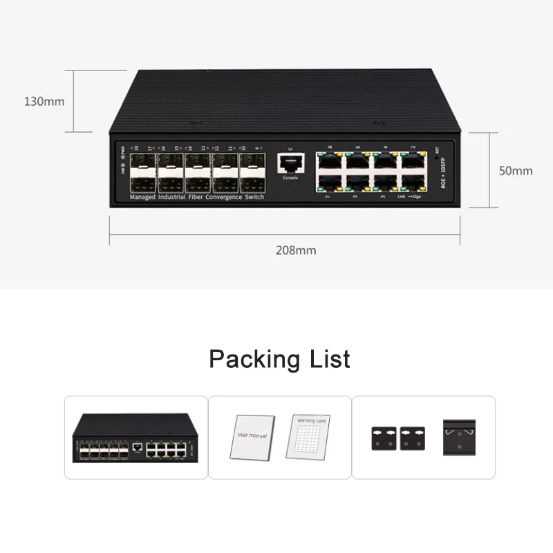 PINWEI DIN Rail Full Gigabit 8 PoE 10 SFP Fiber Port Layer 2 Managed Switch Support QoS Vlan IGMP factory