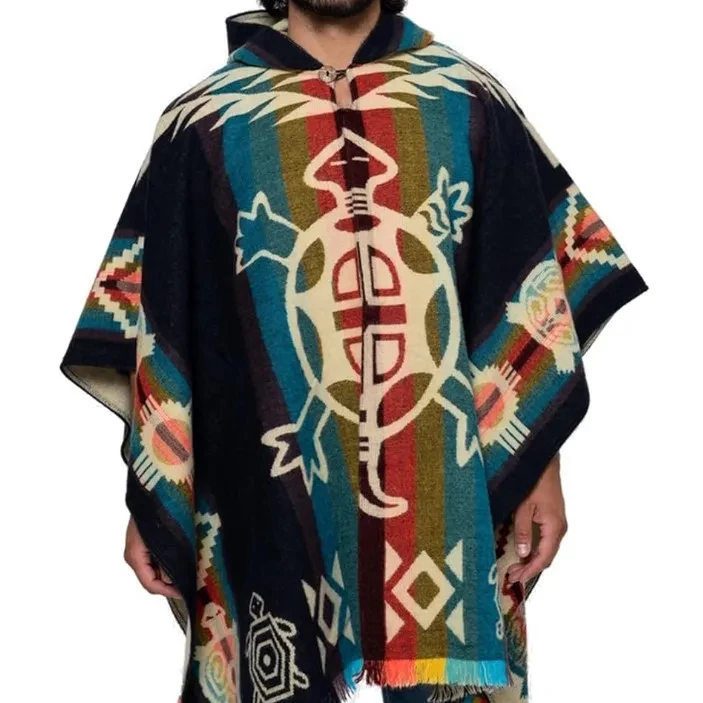 2025 Winter Mexican Men's Knitted Hoodie Poncho Southwestern Navajo Aztec Cloak Style Polyester Indigenous Design Shawl