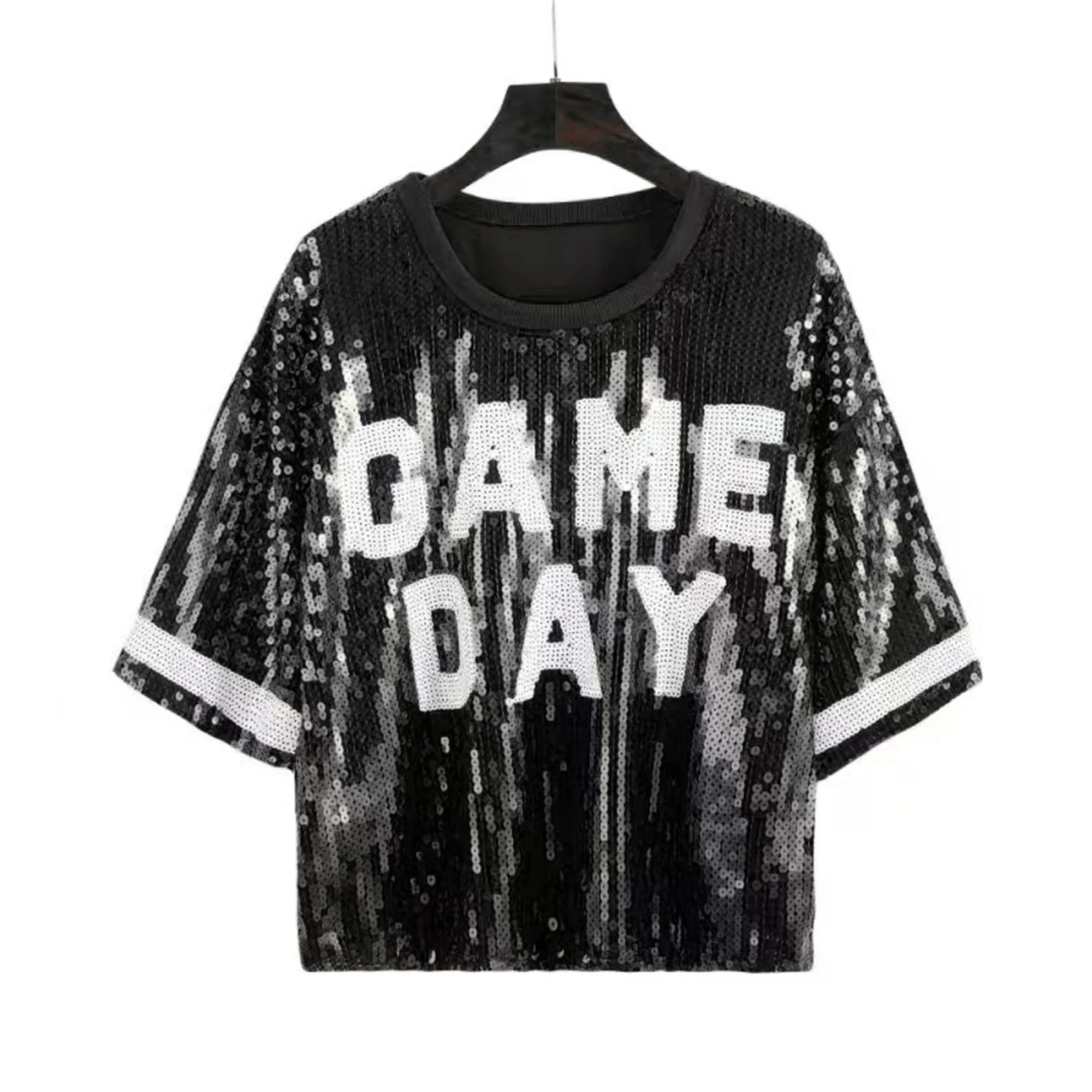 Custom Bling Football Baseball Game Day Sequin Shirt Sequins Top Jersey  Tops Women Short Sequined Shirts Wholesale, image size:2000x2000
