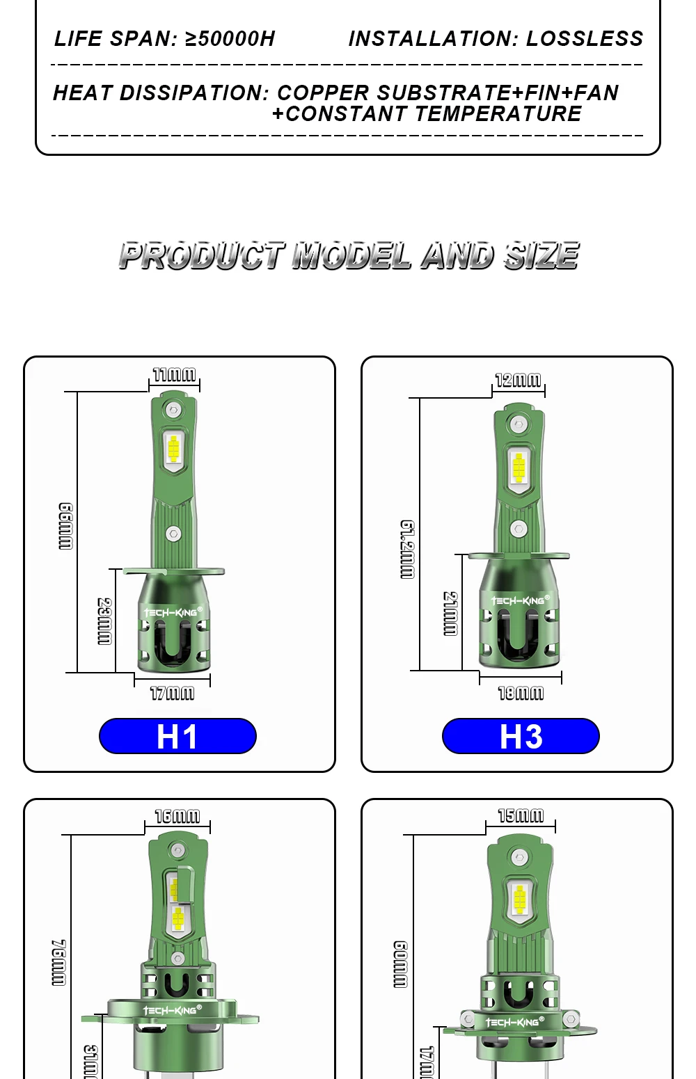 TECH-KING Super Bright R18 70W 7000LM Mini Size 13v H7 Led Plug and Play Headlight 1:1 Car H4 H1 H7 9005 9006 Led Headlight Bulb
