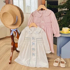 Floral Pattern Embroidered Bow Girls' Dress Long-sleeved Children's Princess Dress Clothes for Kids