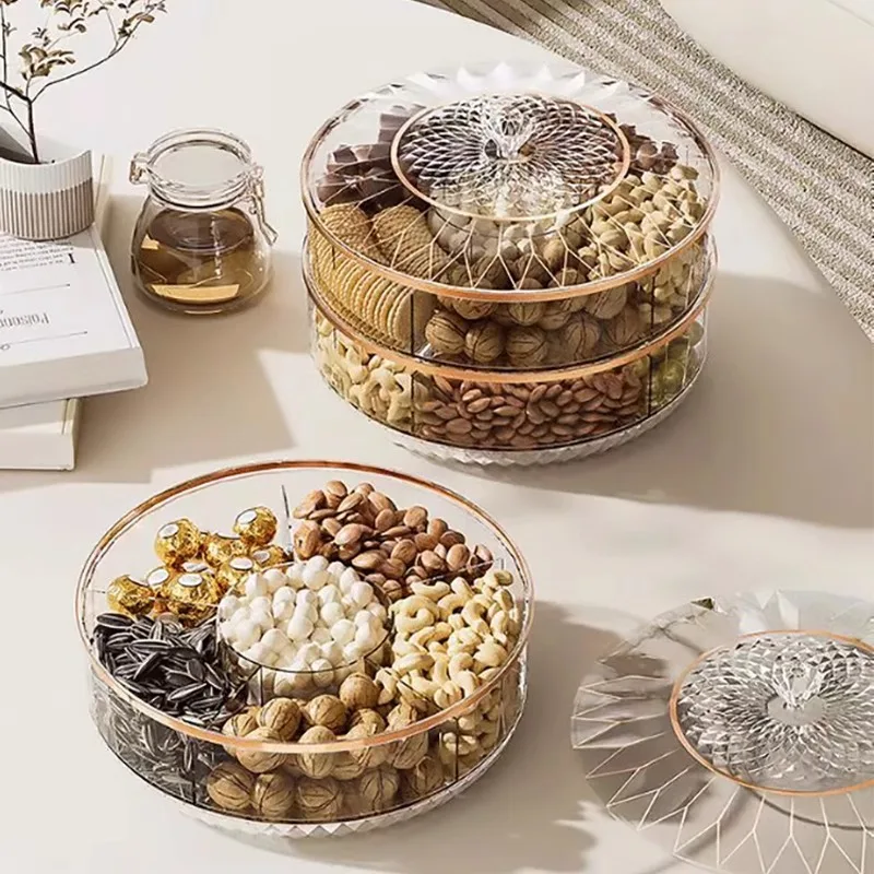Japansk stil Lett luksuriøs krystallfruktskål Stue Kaffebord Roterende godteriboks Tørketfrukt boks Snack plate lagring