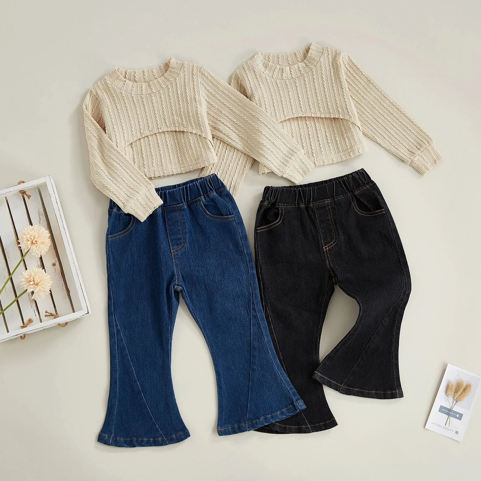 Conjuntos De Ropa De Otoño Para Niños Pequeños,Tops De Cuello Alto De Manga  Larga + Chaleco De Color Sólido + Pantalones Acampanados Vaqueros - Buy Otoño  Niños Niñas Ropa Conjuntos,Niñas De Manga