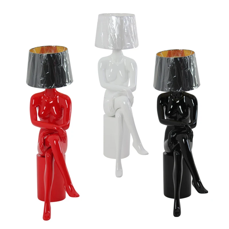 Fashional Window Display Model With Lamp Shape Head Black Female Women Sitting Mannequin