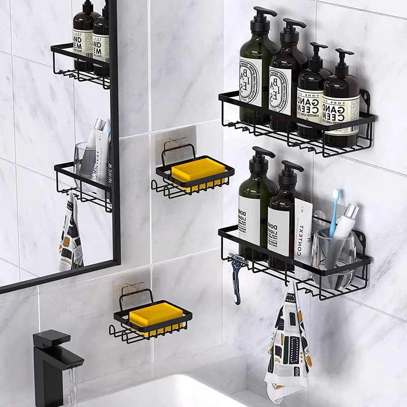 New Arrival 4 Pack Adhesive Hanging Shower Caddy Black Metal Iron