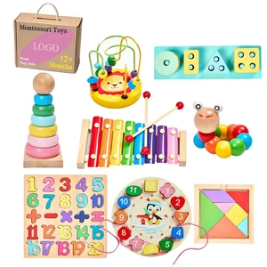 Wooden Educational Toy Set 8-in-1 for Kids Number Puzzle Teaching Clock Geometric Shapes Sorter and More Toys Set Montessori Toy