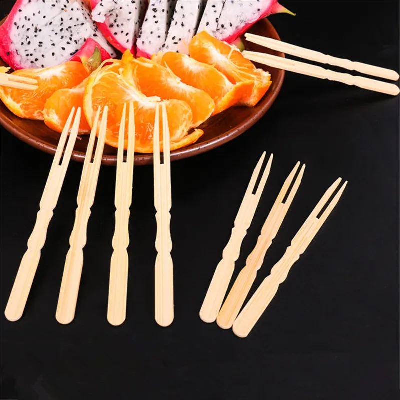 Party Supplier Bamboo Disposable Dessert Fruit Cake Forks Compostable Two-tine Wooden Chip Fork