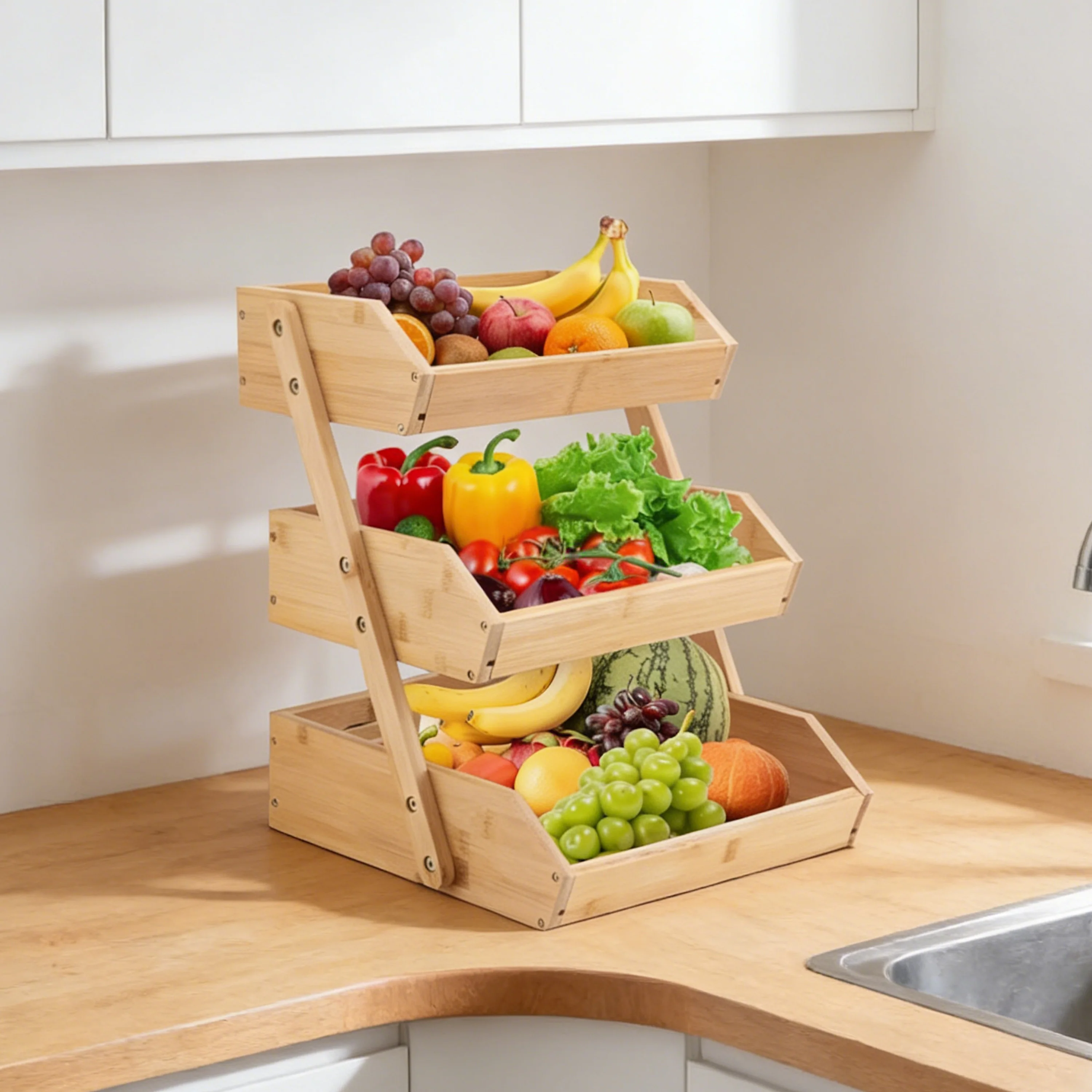 3-Tier Rustic Wooden Countertop Organizer Space-Saving Vegetable Fruit Storage Basket Storage Rack  Stand for Kitchen Holder