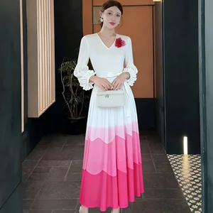 Elegant V-neck Women's Long Dress in Various Colors and Large Sizes - Full-length Pleated Dress for Wholesale