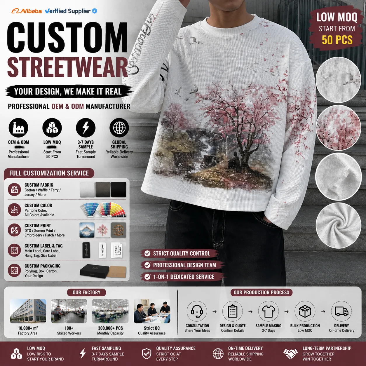 Custom Streetwear Round Neck Embroidery Print Crop Top Waffle Knit Thermal Distressed Acid Wash T-shirt Long Sleevet Shirt Men