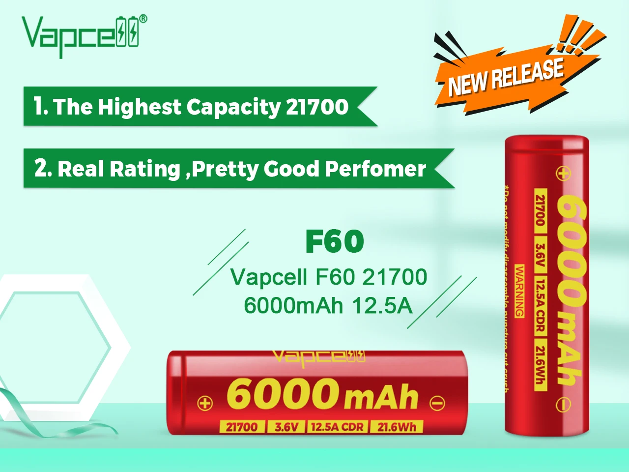 Beat M58 21700 6000mah 12.5A Vapcell F60 Cylindrical Rechargeable  Lithium-Ion Battery Pack for E-Bike Motorcycle Battery
