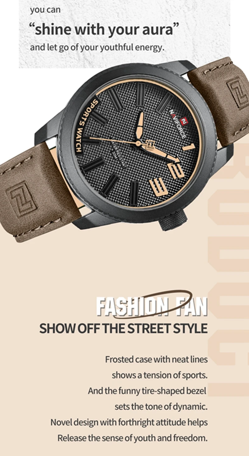 NAVIFORCE Brand 9202L Sports Watch Men Fashion Casual Quartz Wristwatch Male Date Waterproof Leather Analog Clock