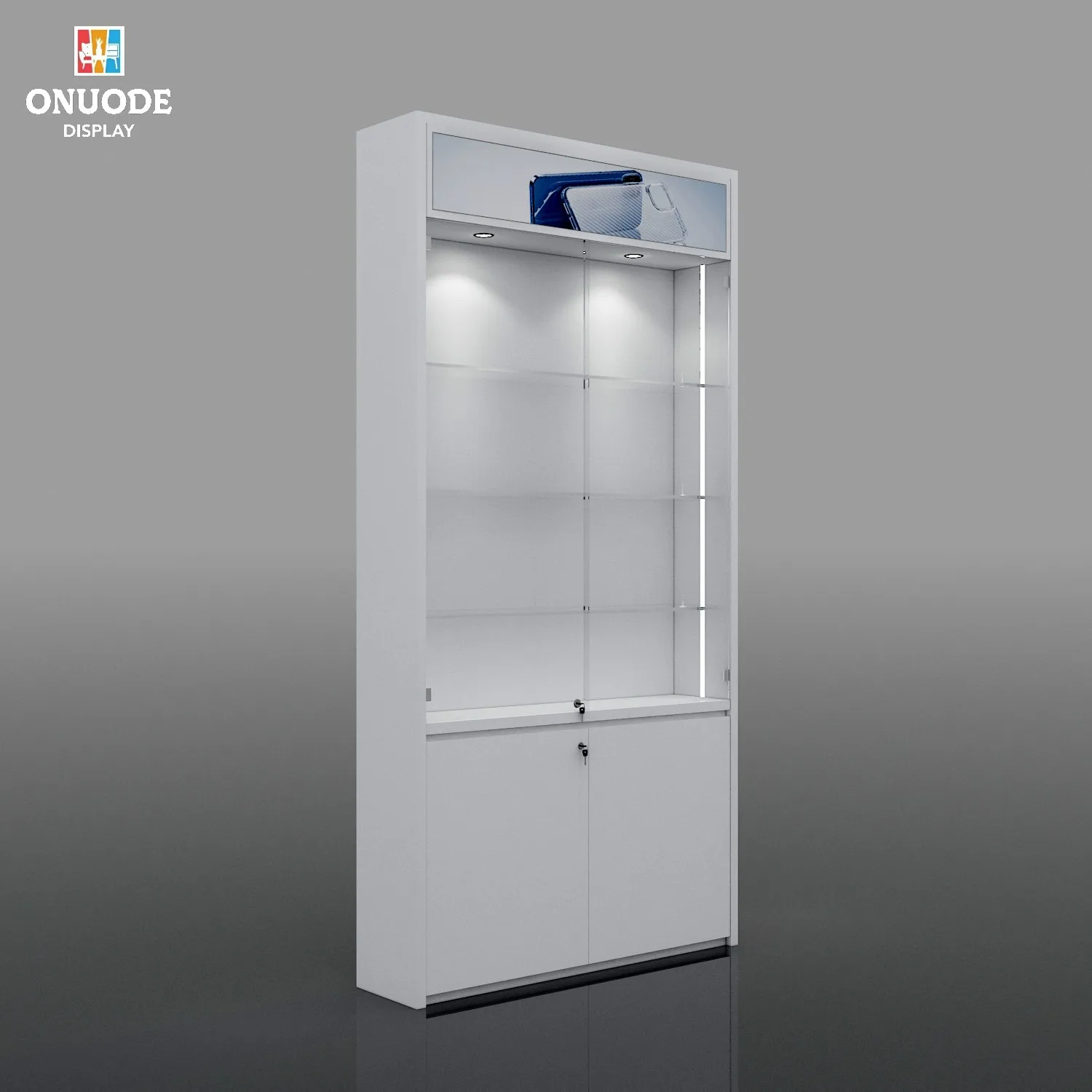 Customized New Design LED Lighting Wall-Mounted Glass Display Cabinet Retail Optical Shop Counter Cell Phone Showcase for