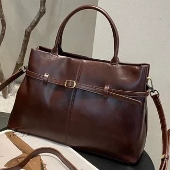 Women's Fashion Cowhide Crossbody Bag Large Simple Shoulder Strap with Zipper Closure Multi Compartment Commute Bag
