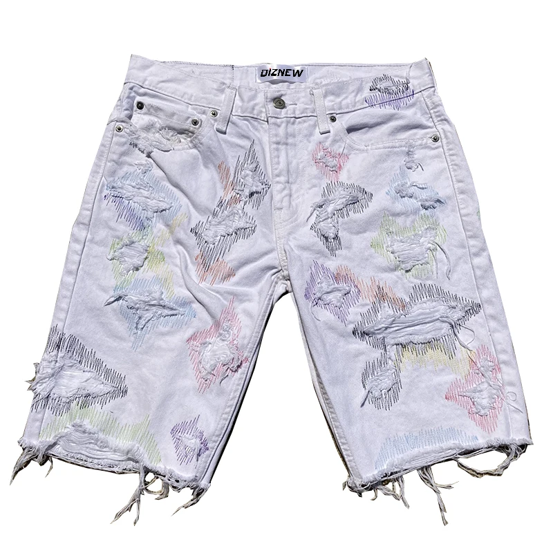 DiZNEW Fashion Denim Shorts Hole printing custom stitch shorts men's short