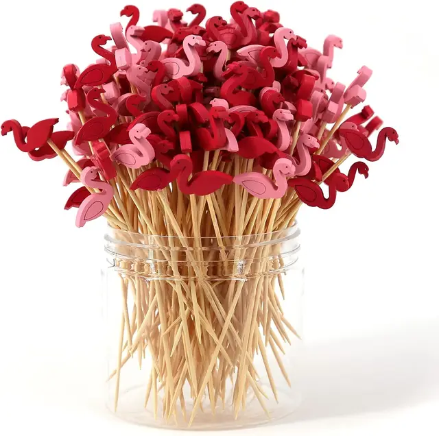 100pcs Party Food Garnish 4.7 Inch Long Bamboo Pink Red Flamingo Cocktail Picks for Appetizers Drinks Fruits