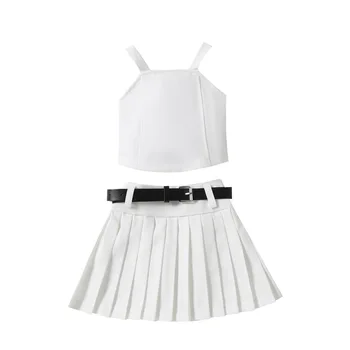 Summer new fashion baby girl clothing sets western style sleeveless camisole pleated skirt belt three piece baby suits