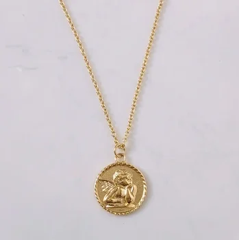Religious Jewelry Layering Gold Angel Medallion Gold Plated Guardian Angel Necklace