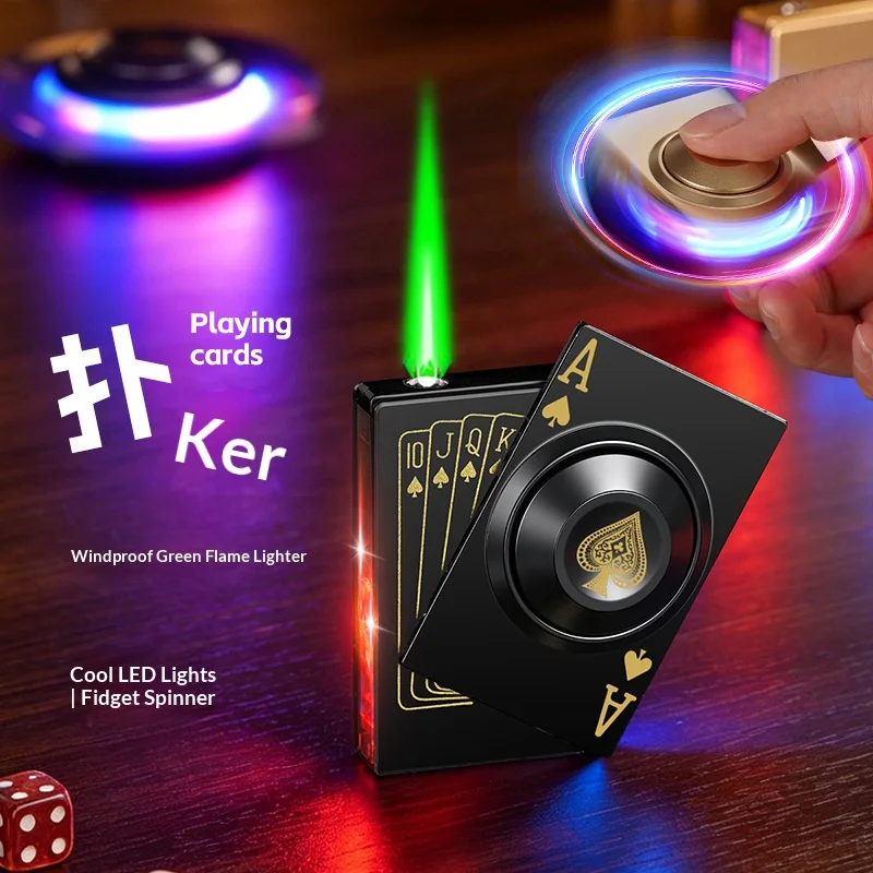 New Arrival Rotatable Side Slide Poker Shaped Windproof Igniter Green Flame Creative Gift for Men
