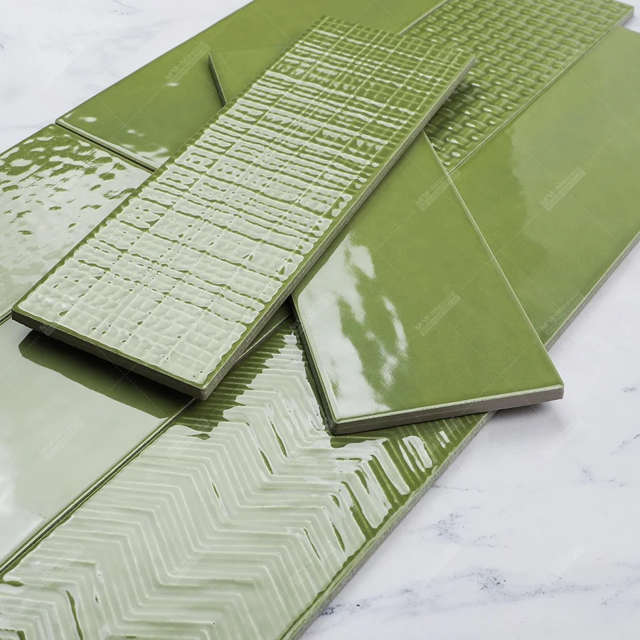 新しい100x300mm光沢のある艶をかけられた緑の磁器の地下鉄のバック