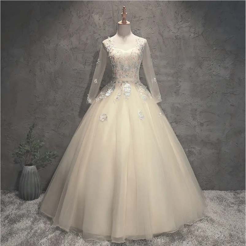 Western Style Homecoming Dress See Through Long Sleeves O-neck Ball Gown Quinceanera Dress Bright Yellow Women's Prom Dress Western Style Homecoming Dress See Through Long Sleeves O-neck Ball Gown Quinceanera Dress Bright Yellow Women's Prom Dress
