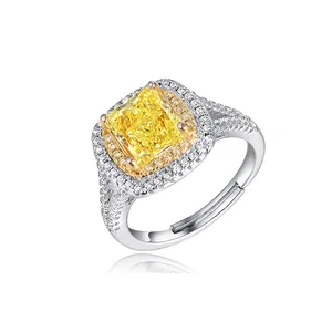 Keiyue Classic Silver 925 Ring Rhodium Plated Big CZ Pave Diamond Shape Yellow Gemstone Wedding and Party Jewellery