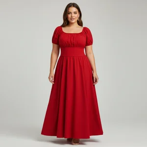 Summer Solid Plain Dyed Knitting Breathable Vintage Dress Women Short Sleeve Square Collar Elegant Office Party Midi