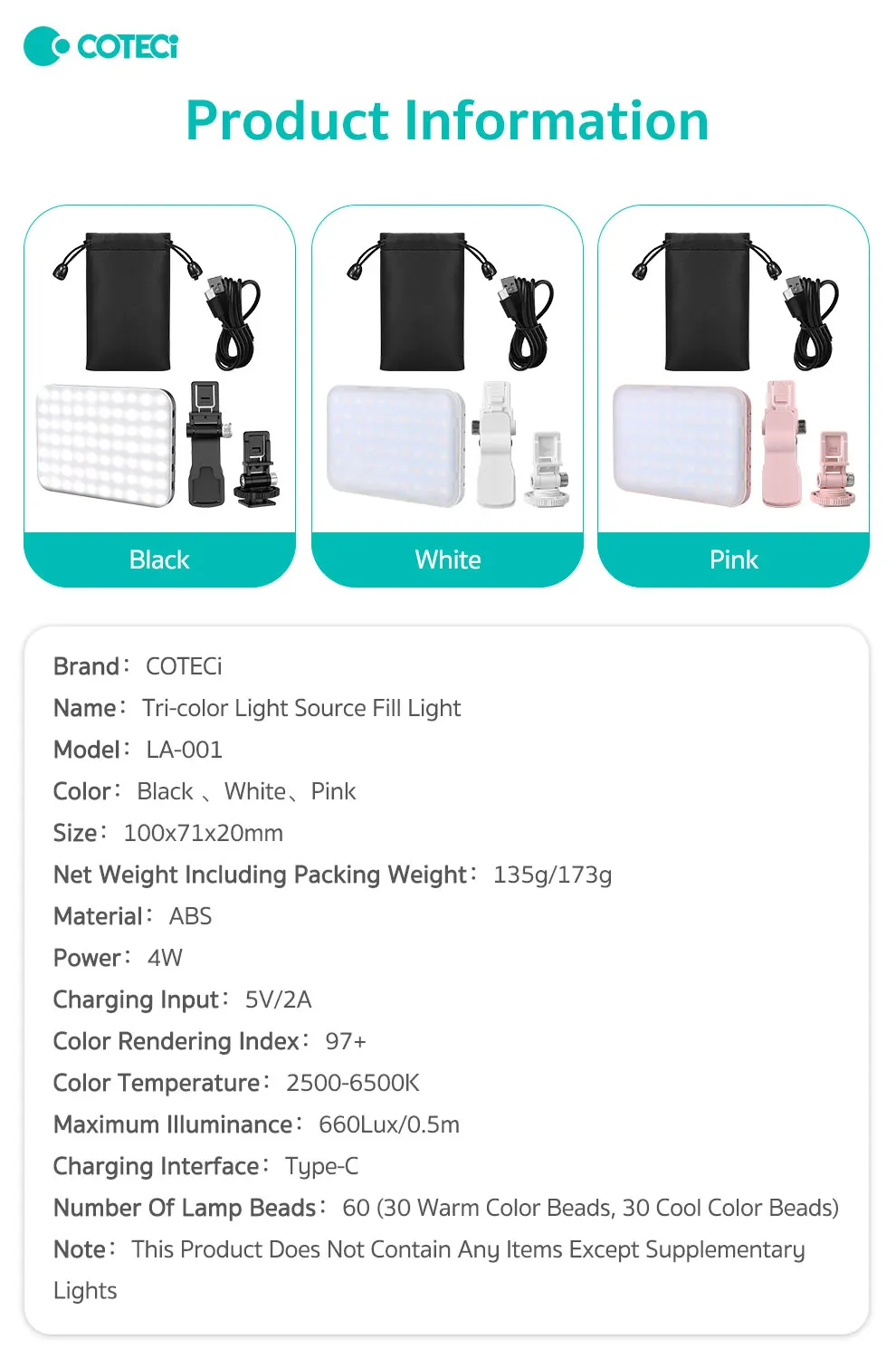 COTECi Portable 10 Warm Natural White Tri-Color Aurora Dark Dimming Fill Light for Phone Photography Selfie Source Power-Volta
