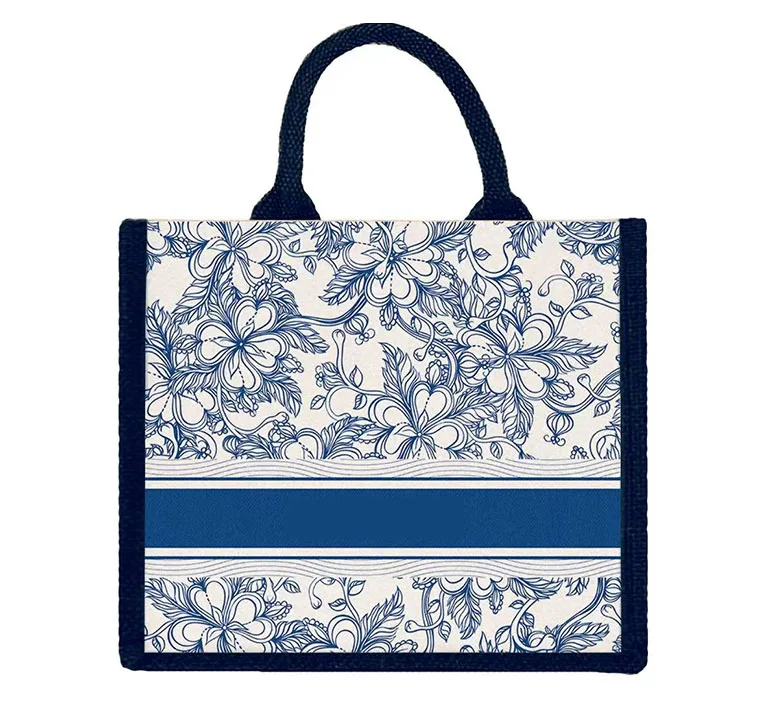 Drak Blue Custom Printed Large Eco-Friendly Burlap Jute Canvas Rope Handle Tote Bag Colorful Silk Scarf Paired Daily Advertising