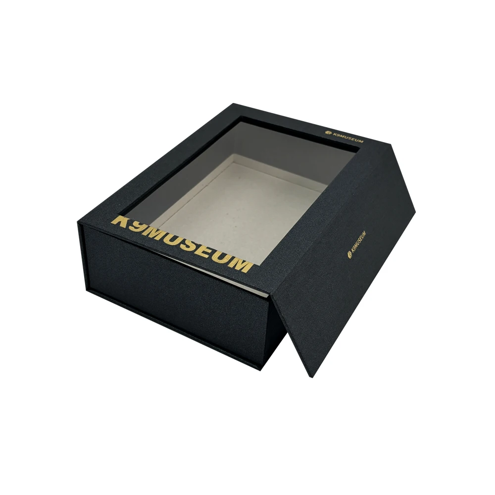 Custom Square Gift Box Packaging Rigid Cardboard Flip Top PVC Window Black Magnetic Closure Box with Clear Lid