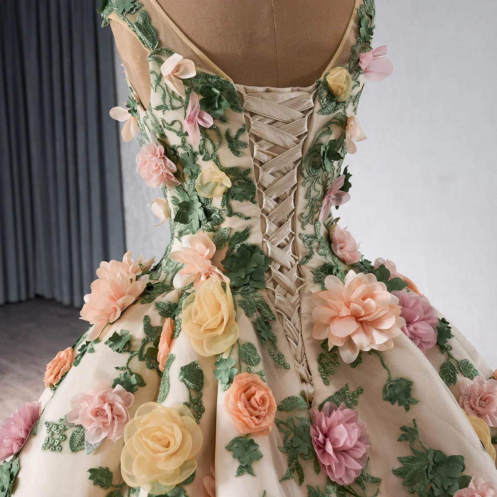 champagne quince dress with flowers Rachel Allan RQ3126 Long Quinceanera 3D Flowers Ball Gown