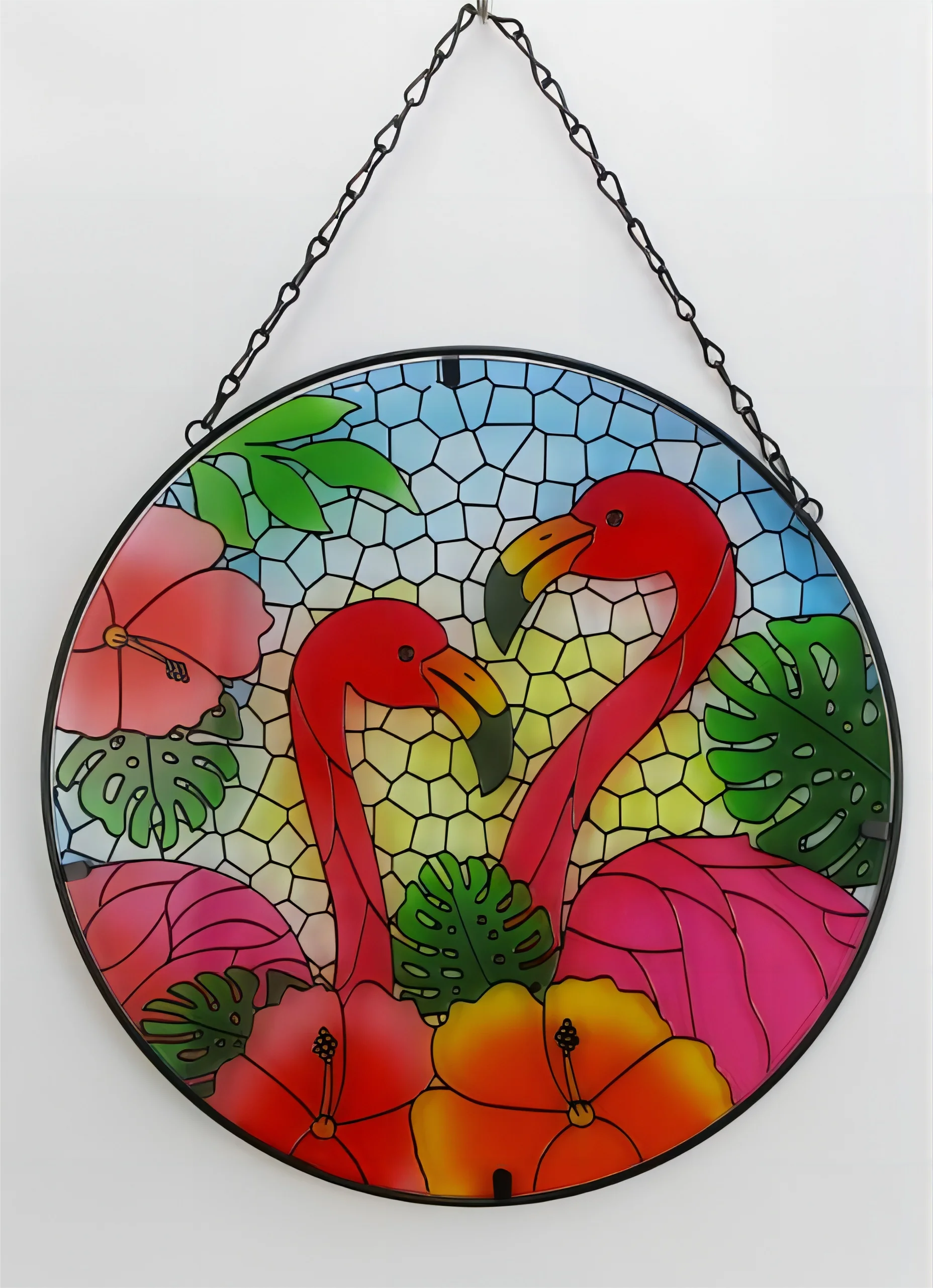 10" Flamingo Stained Glass Window Hanging Window Wall  Hangings Suncatcher Panel with Metal Chain 1