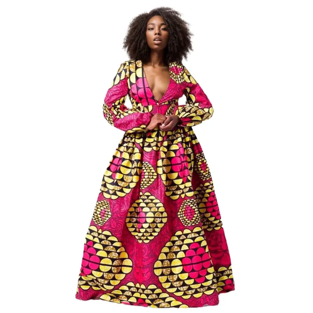 long sleeve dashiki dress Women's Dashiki Long Sleeve Maxi Wrap Dress