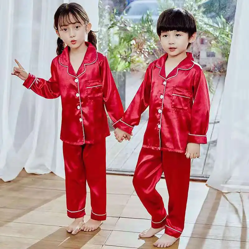 Fall Girls Kids Custom Pajamas Solid Wear Kids Night Suits Boys Sleepwear Toddler Girls Satin Silk Pyjamas Kids Sets Sleeping Alibaba