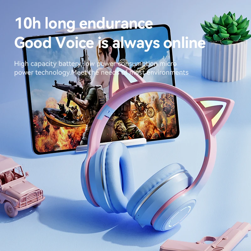 New 2023 Electronics ST89  Pink LED Cat Ear Headphones Wireless Bt Earphone Earbuds Over Ear Headset for Kids Gift