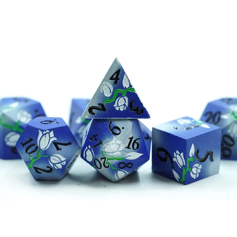 7ks kovová polyedrická sada kostek D20, barevný květinový design růže, slitina zinku, RPG hry, stolní hry pro hraní rolí DND RPG