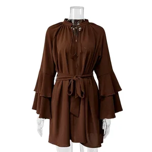 Women's 2026 Autumn Chic Vintage Long Sleeve Dress New Fashionable Lotus Leaf Edge Casual Solid Vestidos Mujer