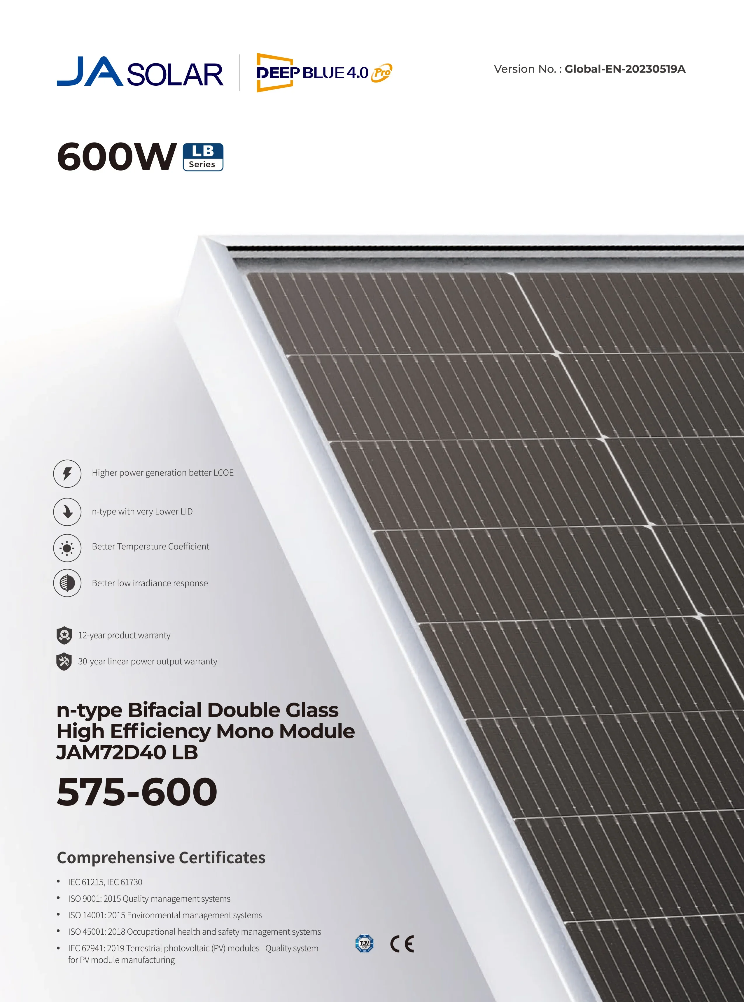 JA JAM72D40 575-600/LB Solar Module - N-Type Bifacial Power