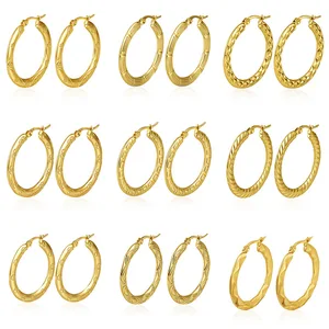 Stainless Steel Geometric Trendy Hand Engraved Round Hoop Earrings with Gold-color Plating (1.18 Inch Diameter)