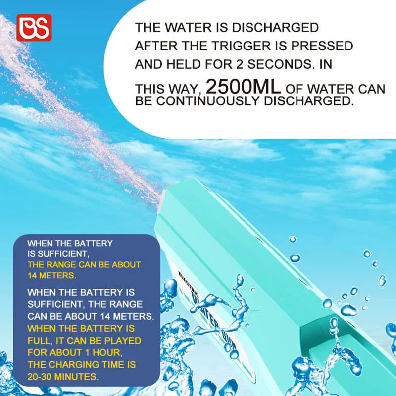 BS 2500 мл большой емкости Электрический Непрерывный рюкзак игрушечный водяной пистолет высокого давления с синим и